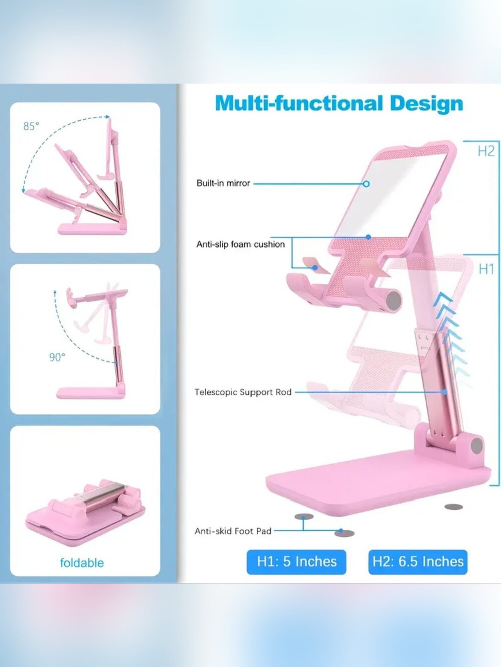 Adjustable Pink Tablet & Phone Stand - Portable Desktop Holder W/Makeup Mirror!! - Picture 3 of 8